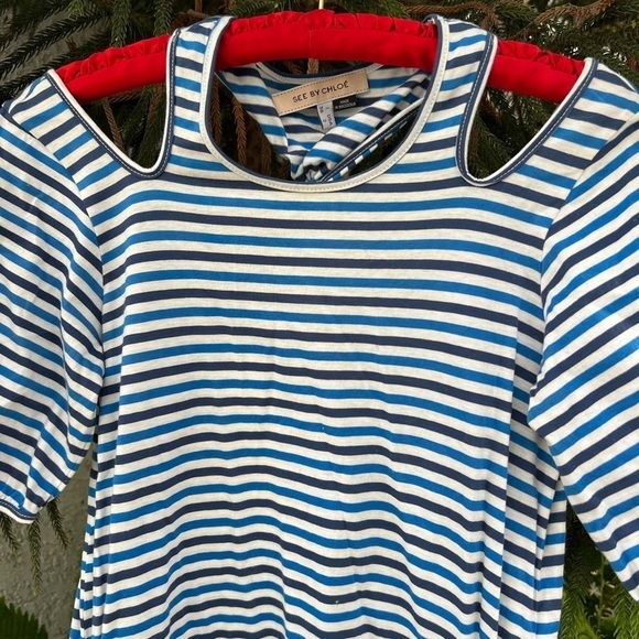 See by Chloé Blue & White Stripes Cotton Peep-Shoulder Racerback Dress | Small - Picture 6 of 9